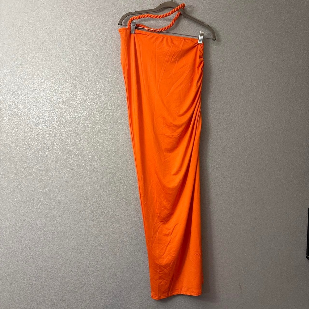 Women's Orange Summer Maxi Dress with Rope Style Side Halter and side Ruching